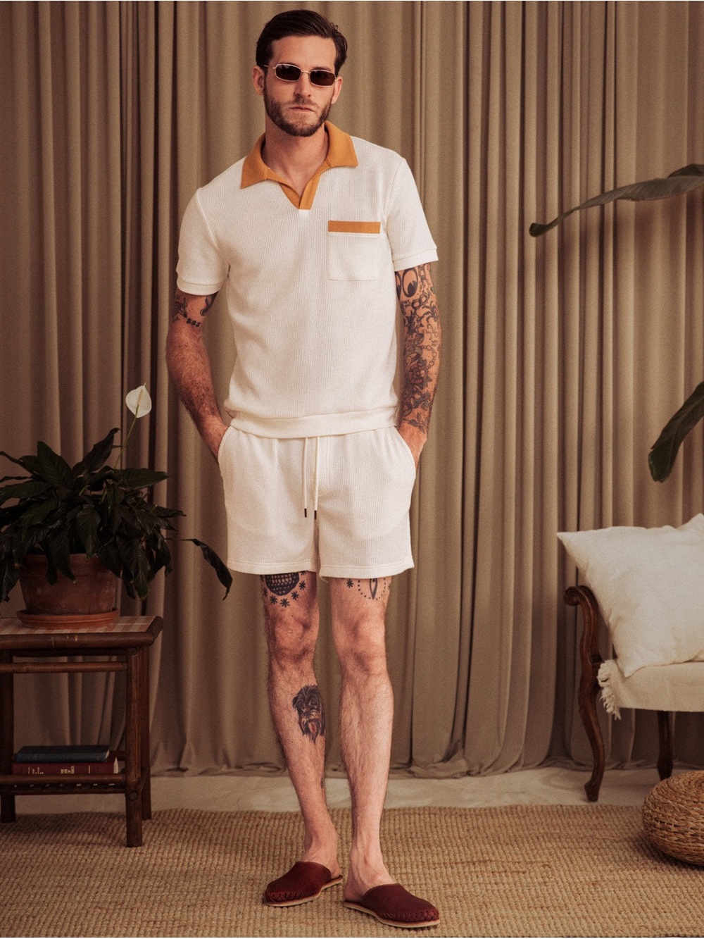 Dandy Del Mar The Cannes Waffle Knit Polo Shirt with Shorts Set- Large